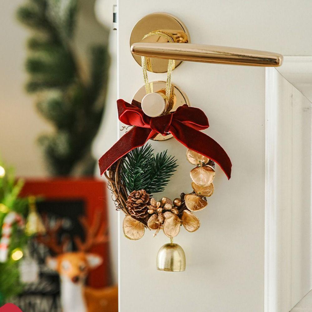 Wreath Christmas Chime Bell Red Pine Cone Bell Pendant Christmas Velvet Bow Bell  Xmas Decor