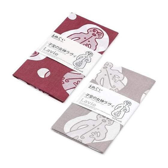 Tenugui Towel Set: Jomon Pottery & "Ravi, Goddess of Fertility" (2 Colors - Azuki & Grey) - Hand-Drawn Design, Crafted In Kagawa Prefecture, Japan -