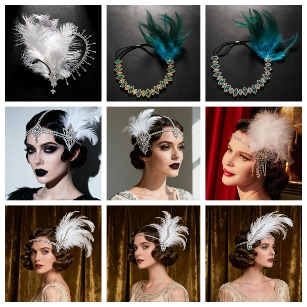 Vintage Cosplay Dress Headwear Crystal 1920s Hair Accessories Feather Headband Stage Performance