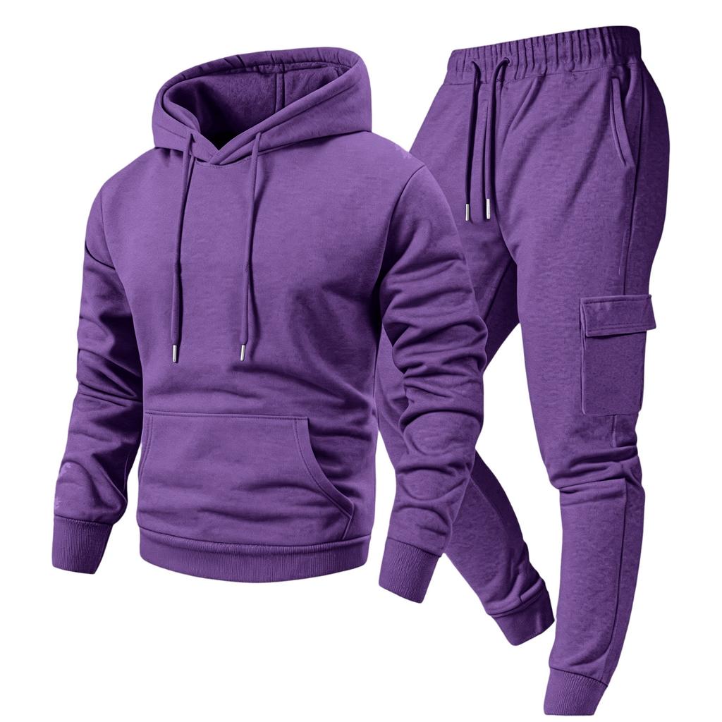 Men's Casual Outdoor Sports Two-Piece Set - Color Sweatshirt and Elastic Waist Cargo Jogger Pants