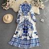 Autumn Holiday Red Blue And White Porcelain Maxi Dress Women Long Sleeve Single Breasted Lace Up Belt Flower Print Robe