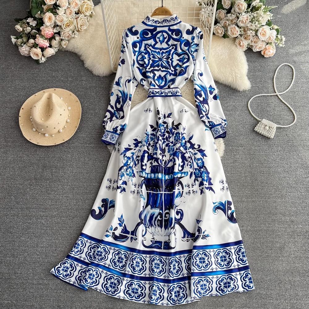 Autumn Holiday Red Blue And White Porcelain Maxi Dress Women Long Sleeve Single Breasted Lace Up Belt Flower Print Robe