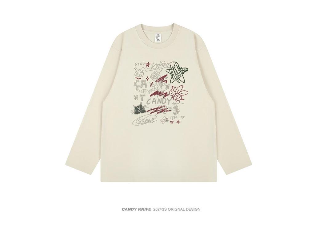 Funky Trend Cartoon Print Couple Long-Sleeve T-Shirt - Versatile, Loose Fit, Pure Cotton for Autumn/Winter
