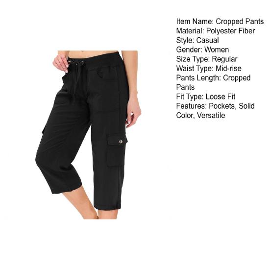 Cropped Pants Adjustable Waist Breathable Stretchy Fabric Women Summer Pants with Pockets Outdoor Travel Mid-calf Length Pants