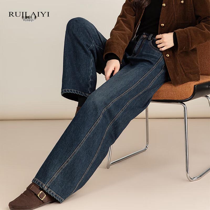 RUILAIYI Women's Warm Retro Blue Wide-Leg Denim Jeans