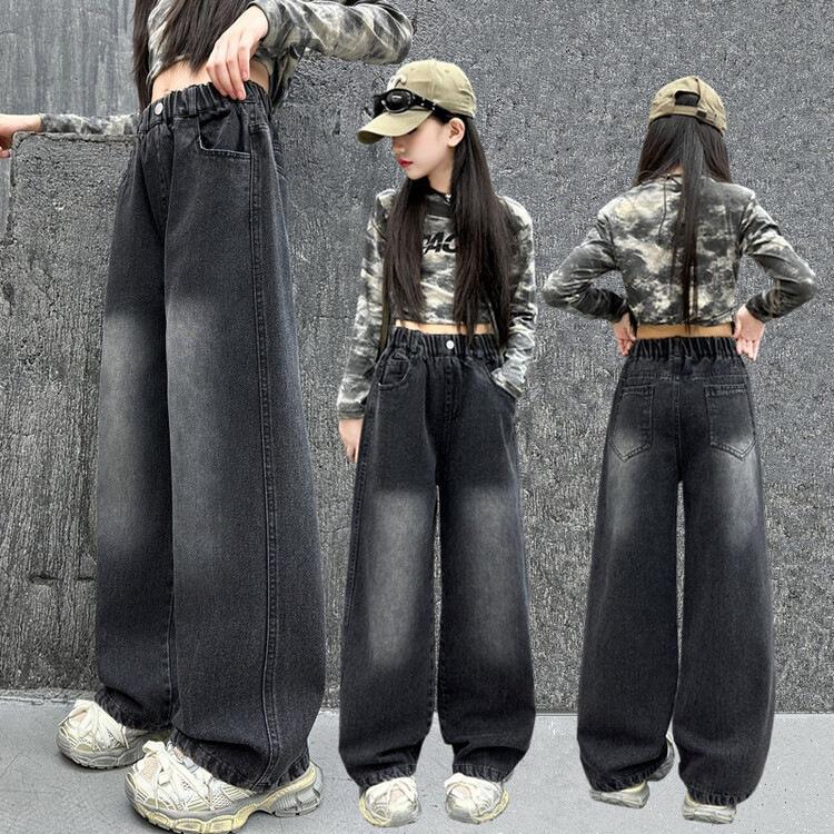 Dziecięce Dżinsy Czarne Proste Vintage dla Dziewczynki w Wieku Szkolnym Codzienne Dżinsowe Spodnie z Efektem Ombre Dziecięce Nowa Moda Dżinsy Spodnie 4-14 lat