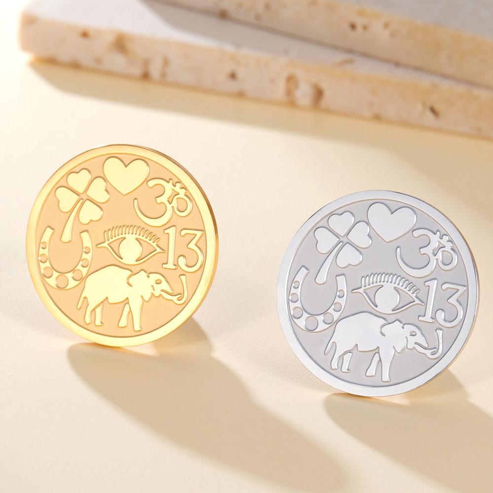 Dawapara Good Luck Symbols Brooch Elephant Clover Hoeseshoes Evil Eye Religious Spiritual Amulet Stainless Steel Lapel Pins
