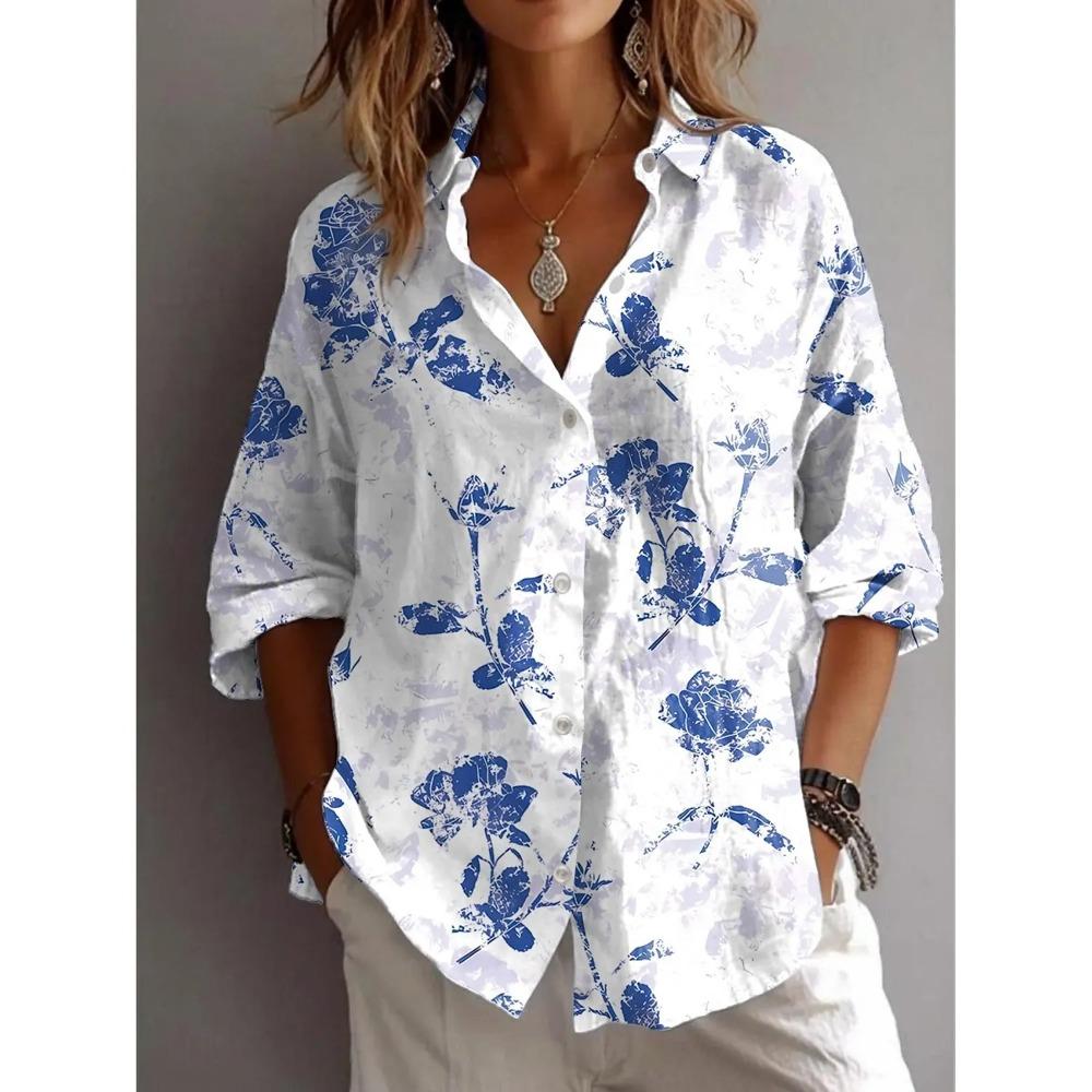 Summer Autumn Women's Shirt Flower Active Stylish Blouse Lapel Neck Blouse Women's Long Sleeve Shirts Womens Clothing Female Top