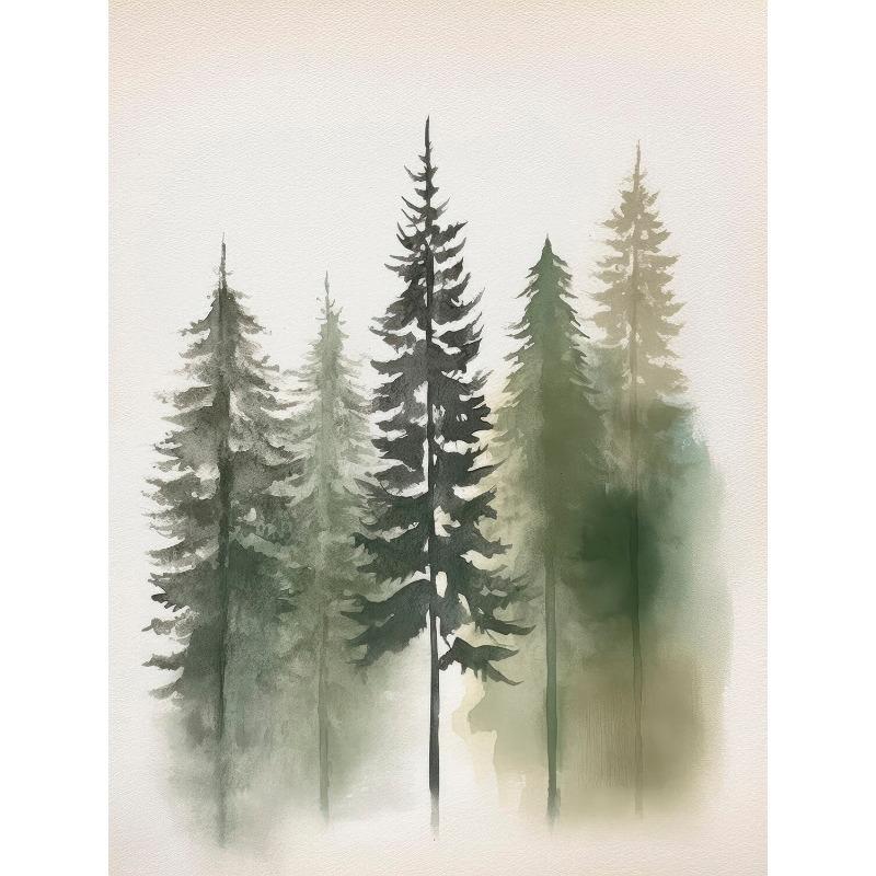 Watercolor Foggy Forest Mountain Trees Pine Posters and Prints Canvas Painting Green Wall Art Picture for Living Room Home Decor