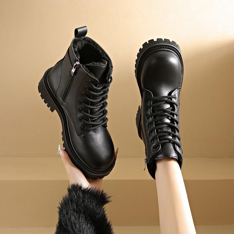 Fashion 2024 Hot Sale New Wear Resistant Non-slip Winter Round Head Ladies Boots Solid Color Fashion Outdoors Warm Plush Women Shoes