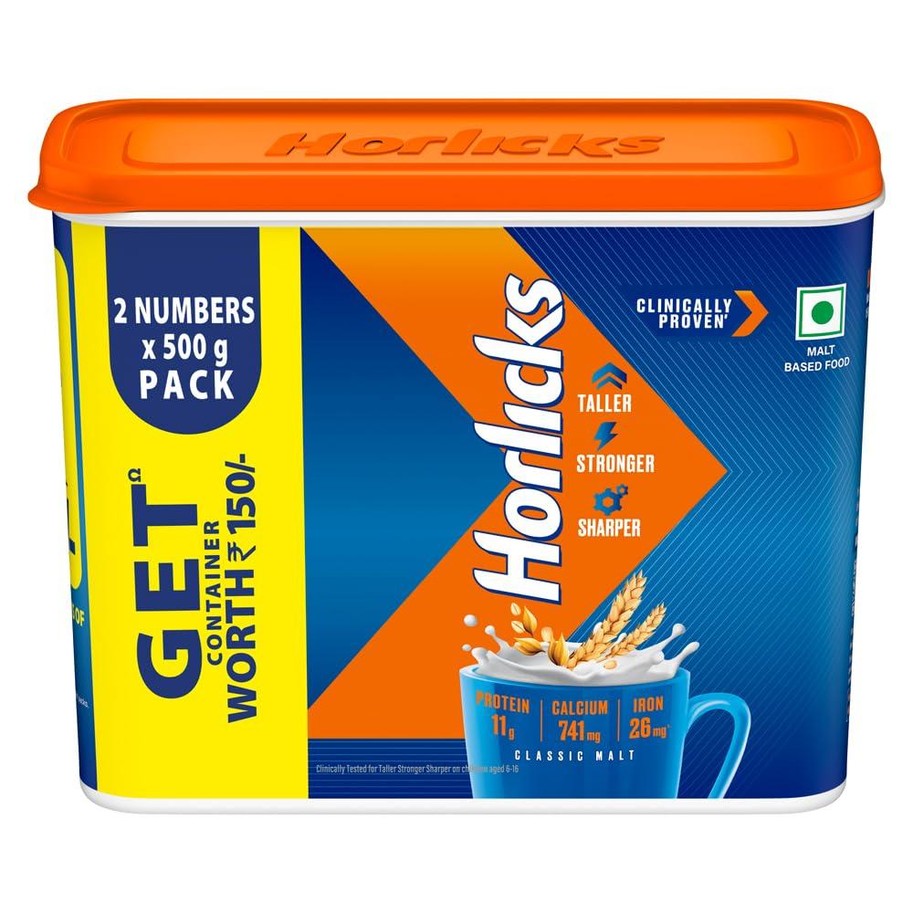 Horlicks Health And Nutrition Drink Classic Malt 500 g Combo Pack Of 2 With Free Container For Daily Growth And Immunity Support