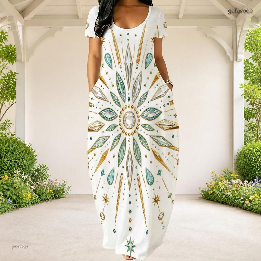 Women Plus Size Round Neck Short Sleeve White Printed Loose Maxi Dress With Side Pockets