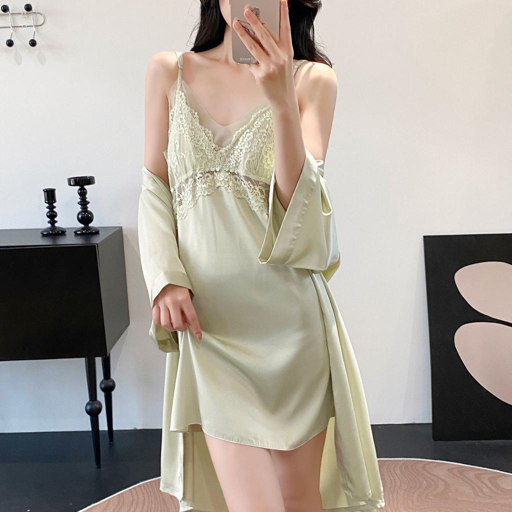 New sexy women's summer nightgown lace simulation silk erotic underwear Internet celebrity explosion suspender pajamas loungewear