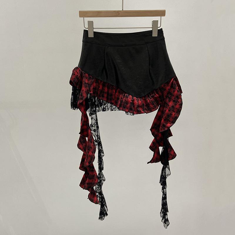 French irregular ruffle edge skirt plaid splicing leather skirt love buckle personalized retro Spice Girl short skirt women's autumn