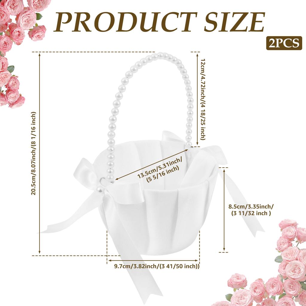 2Pcs Wedding Flower Girl Basket Bowknot Satin Western Rustic with Faux Pearl Handle For Bride/Kids Wedding Ceremony Decorations