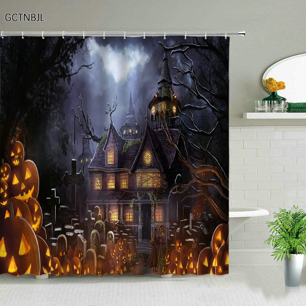 Halloween pumpkin Lantern Shower Curtain Bathroom The Terrible  Forest Wood Ghost House Tombstone Fabric Bathroom Curtain Set