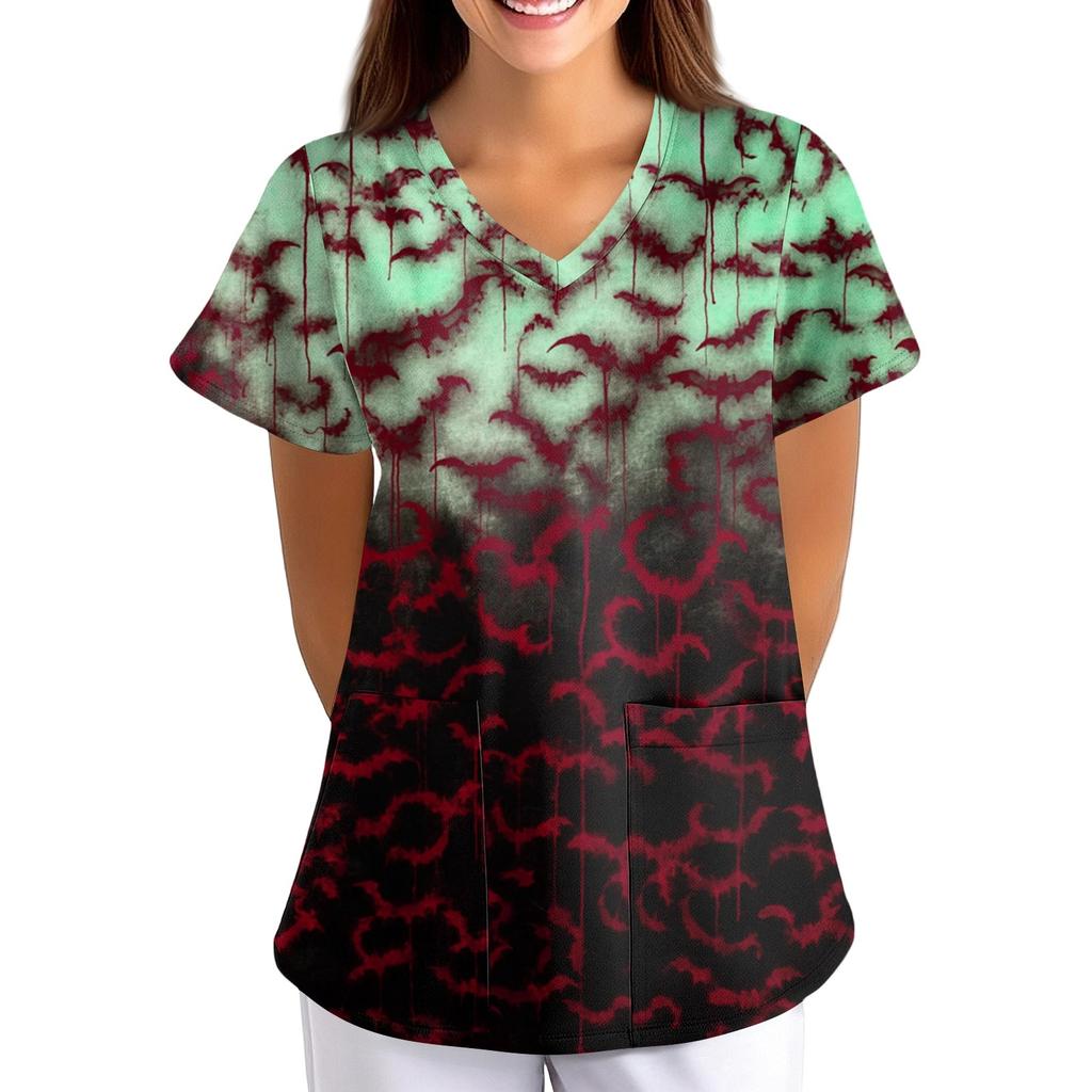 Damen Halloween Bedruckt Locker V-Ausschnitt Tasche Kurzarm Uniform  Uniform