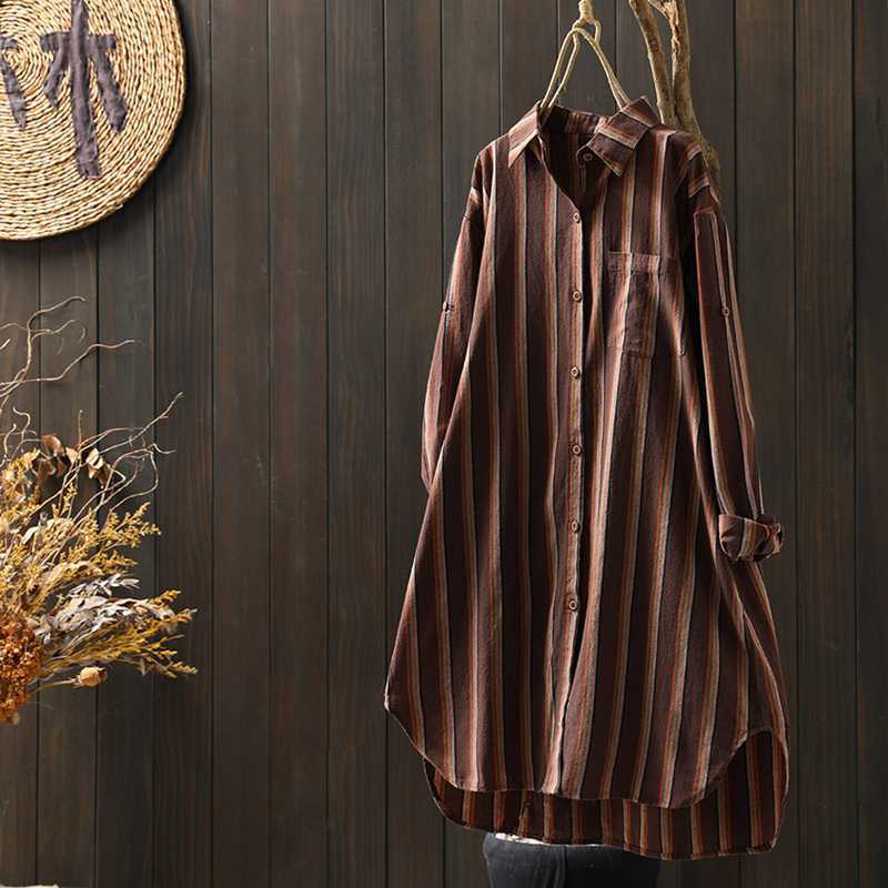 Women Vertical Striped Long Sleeve Shirt Vintage Linen Cotton Loose Midi Shirt Dress Casual Spring Oversized Blouse
