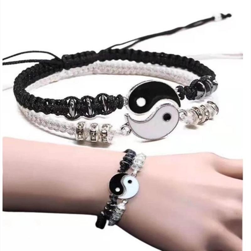 2pcs Jewelry Set Couple Black White Tai Chi Bracelet Rope Adjustable Chain Set Simple Style Daily Wear Jewelry