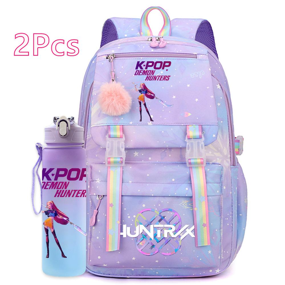 2 st/set Söt Anime Kpop Tryckt Ryggsäck 750 ml Vattenflaska Stor Kapacitet Resväska för Tonårsflicka Pojke Bokväska Barnpresent Rucksak