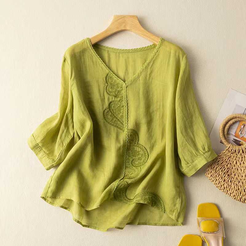 Women 3/4 Sleeve Embroidered Linen Blouse Retro Japanese Loose Cotton Linen Shirt Spring Summer Top