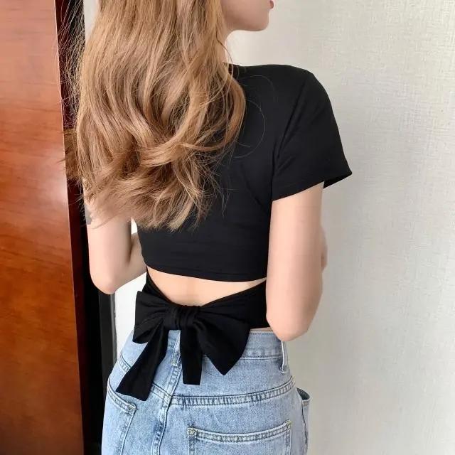 

Футболка с короткими рукавами, женская летняя футболка для самосовершенствования, топ с v-образным вырезом и высокой талией, модная универсальная рубашка с красивой спинкой S чёрный