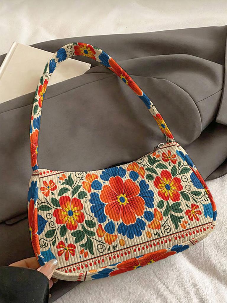 Trendy Mexican Folk Floral Print Shoulder Bag, Corduroy Underarm Bag for Daily Casual Use