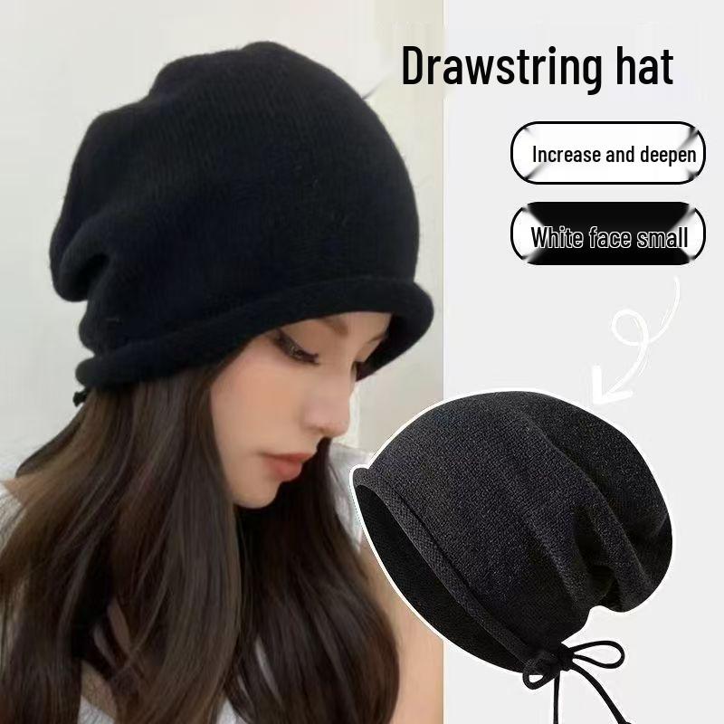 Women's Autumn Winter Wool Beanie: Warm, Knitted, Rolled Edge Design for Small Face