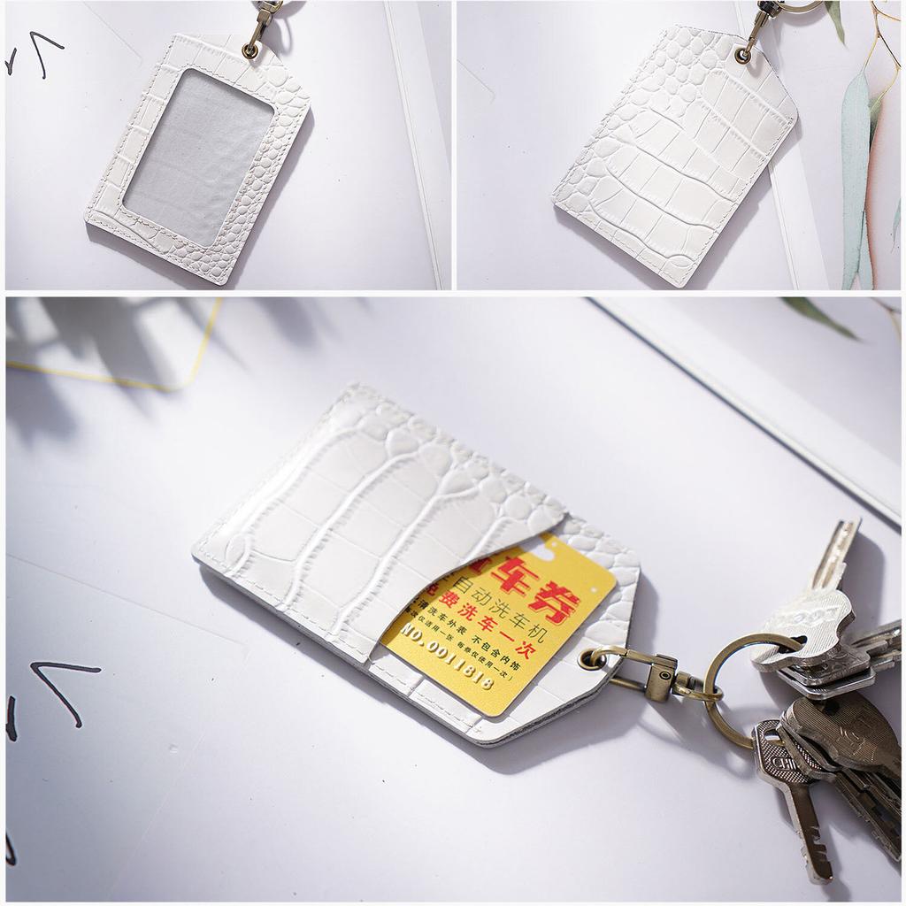Genuine Leather Crocodile Stripes Office Badge Holder Chest Card Bus Card Campus Access Control Student Meal Card Protective Cases with Keychains
