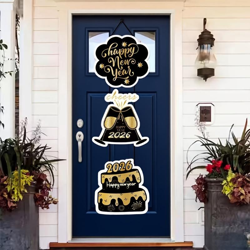 1/3pcs New Black Gold New Year Door Hanger Cake Cheer Door Pendant 2026 Happy New Year Christmas Flag Party Festival Decoration