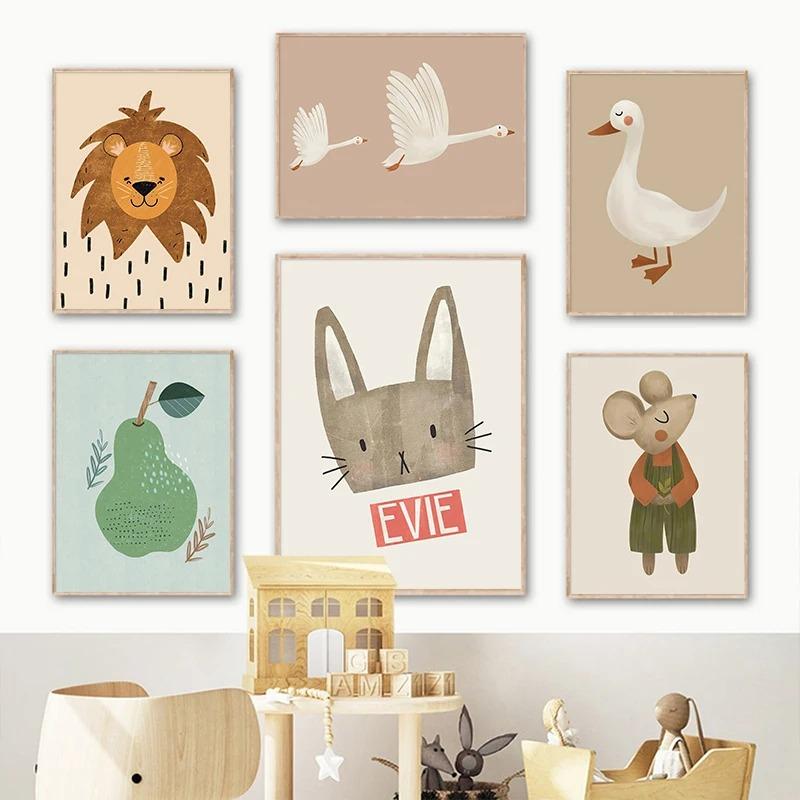 Nordic Cartoon Lion Rabbit Mouse Goose Duck Wall Art Canvas Painting Nursery Poster and Prints Pictures Baby Kids Room Decor