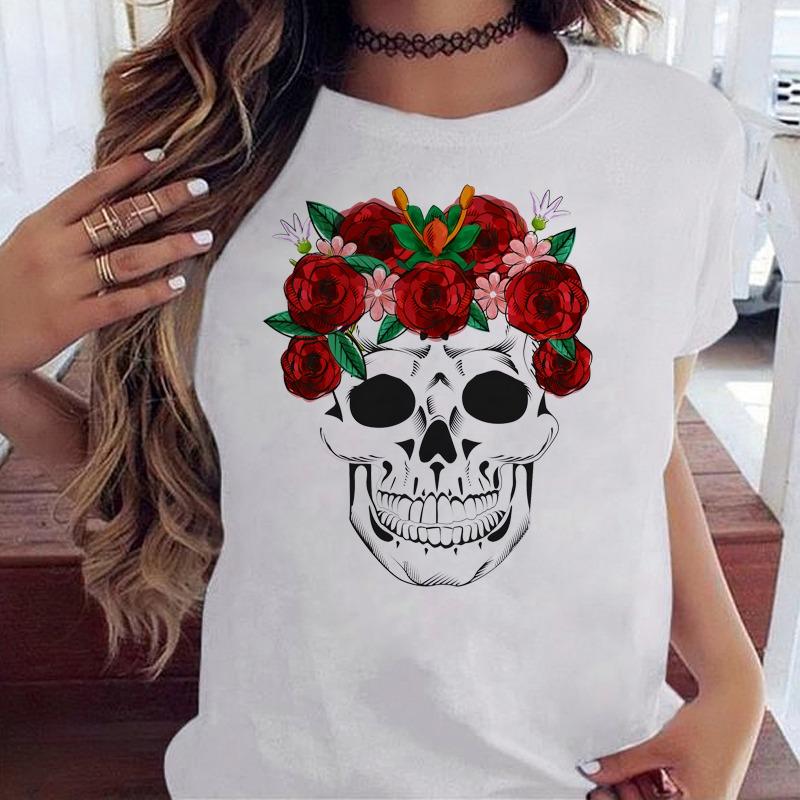 Fashion Skull Flower Print Women T Shirt Summer Casual Short Sleeve O Neck Women Tshirt