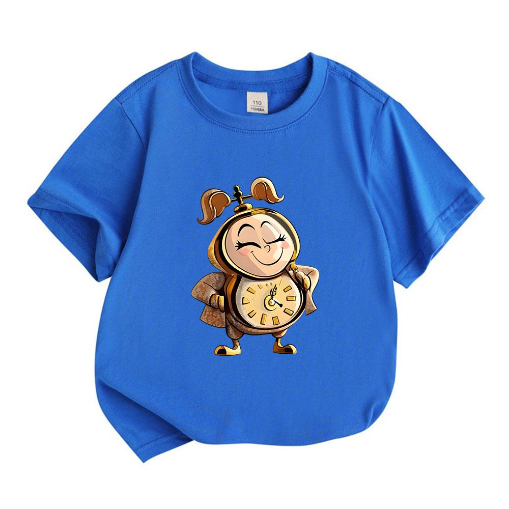 Kids Boys Girls 100% Cotton Crew Neck Short Sleeve T-Shirt, Cute Cartoon Clock Girl Printed Casual Soft Tee for Daily Wear