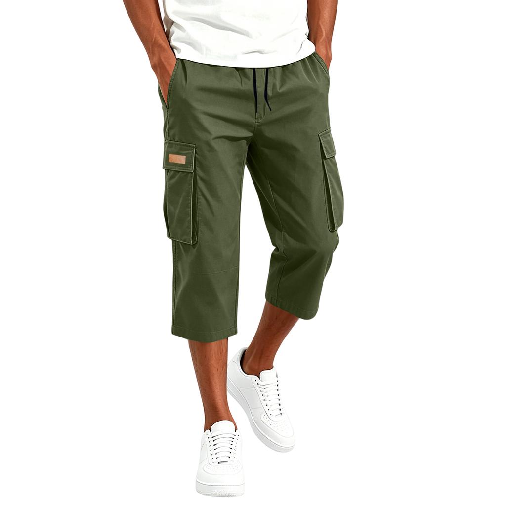 Men's Cargo Drawstring Pants Casual Multi Pocket Capri Work Trousers Lightweight Breathable Outdoor Utility Pants for Daily Wear