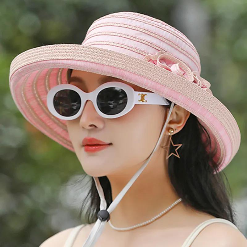 WTEMPO Windproof Rope Two-flower Solid Color Spring Summer Foldable Straw Hats Women's Wide Brim Travel Beach Breathable Sun Hats