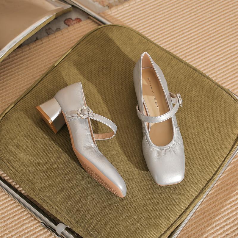 

57707 [Discontinued] High heels women s thick heels 2025 new square head temperament one-word folds Mary Jane single shoes 39