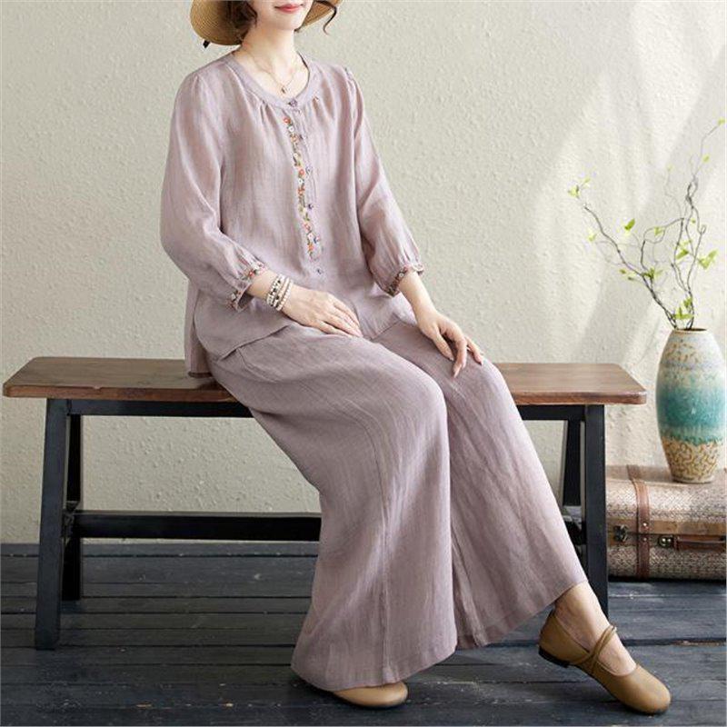Spring/Summer Embroidered Shirt & Loose Cotton Linen Pants Set for Middle-Aged/Elderly Women