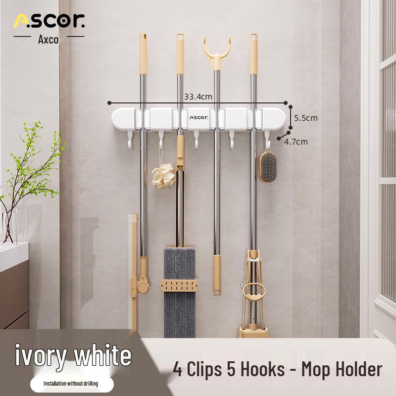 Wieszak ścienny na miotłę i mop: Rozwiązanie do zawieszania bez wiercenia na drzwiach łazienkowych lub toaletowych.