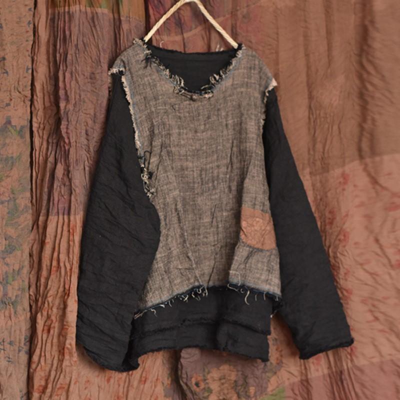 Johnature Vintage Damen T-Shirts Einfarbig Herbst T-Shirts O-Ausschnitt Langarm Stickerei Unregelmäßig Damen T-Shirts