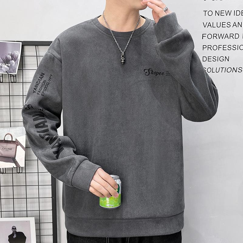Men's Long-sleeved T-shirt Spring and Autumn Ins Round Neck Suede Printed Sweatshirt Men's Bottoming Shirt Tops Teenagers