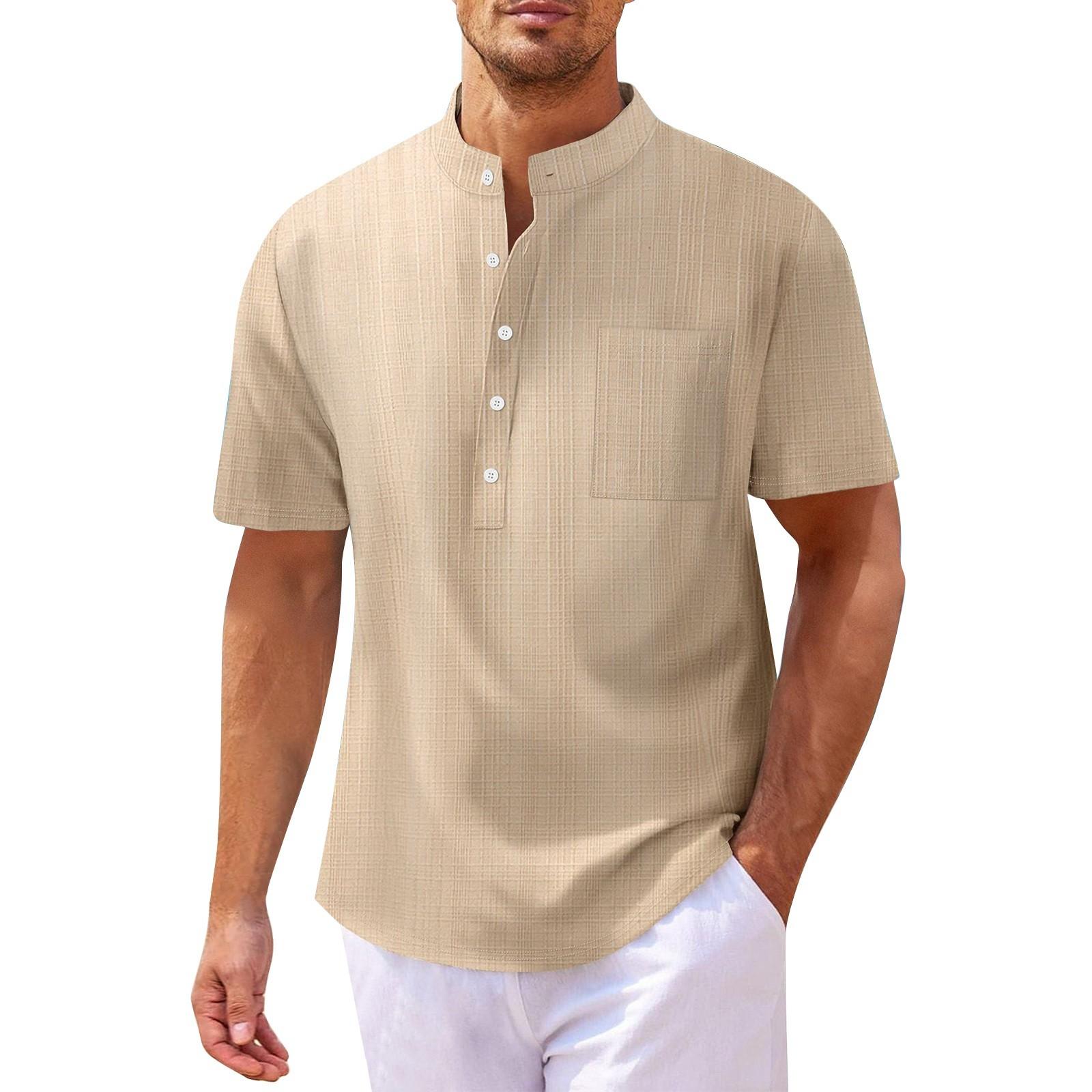 

Мужская однотонная рубашка из хлопка и льна с коротким рукавом на пуговицах, мужские повседневные дышащие топы M хаки