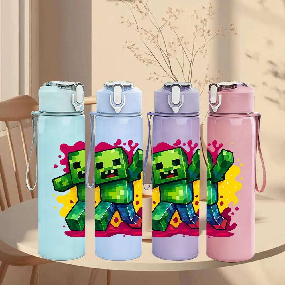 1PC Green Zombie Cartoon Print 750ml Color Plastic Sports Water Bottle Leakproof Flip Straw Lid Suitable for Sports Office Home Use