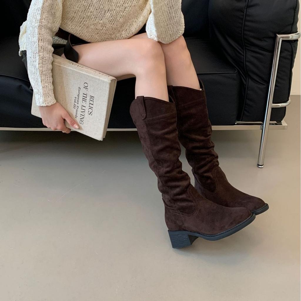 Coarse Heel Suede Khaki Pile Pleated Knight Boots Women's Shoes New Autumn and Winter Long Boots