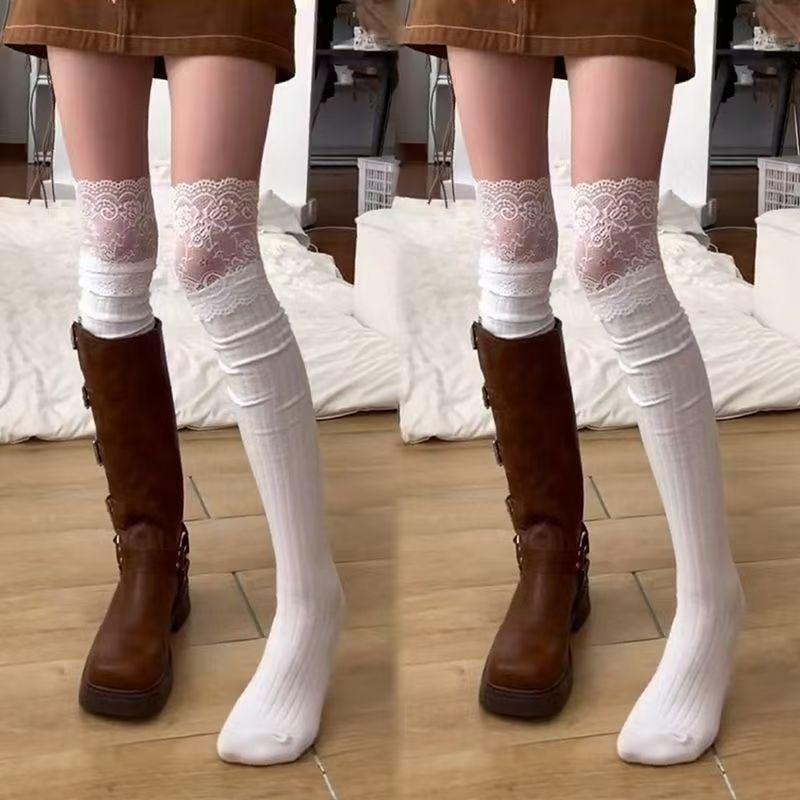 Lace Patchwork Knee-high Thigh-high Socks for Women in Autumn and Winter, Vertical Stripes for Slimming, Pure and Elegant Thigh Socks, Sweet Socks