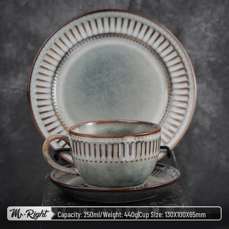 Qiwei Nordic Retro Glazed Ceramic Coffee Cup & Saucer Set