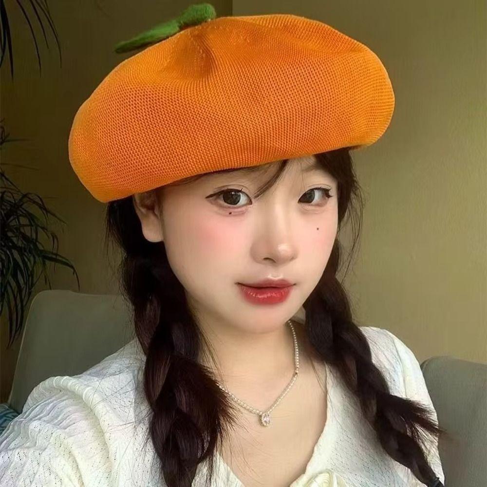 Breathable Girl Painter Hat Little Leaf Beanie Beret Cap Japanese Beret Fruit Caps  Spring Summer