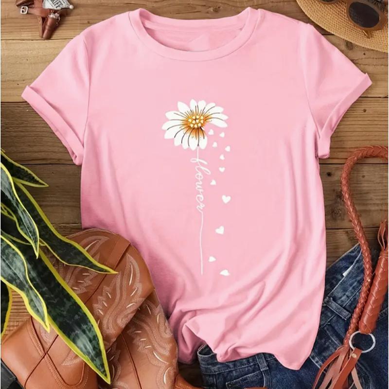 Faith Letter & Flower Print T-shirt Casual Short Sleeve Crew Neck Top Women's Clothing Valentine's Day