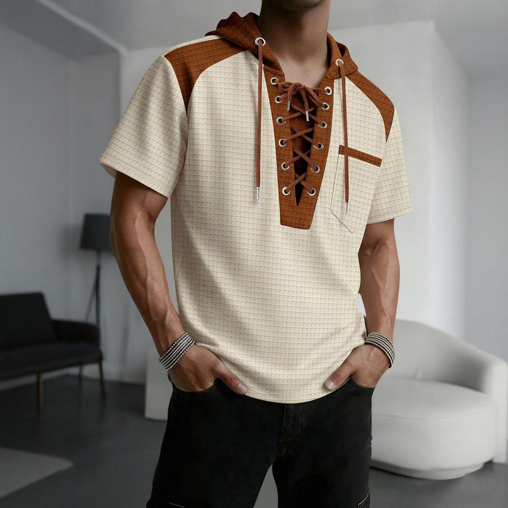 Men's Color Blocked Hooded Top With Pockets Casual And Comfortable Short Sleeved Shirt