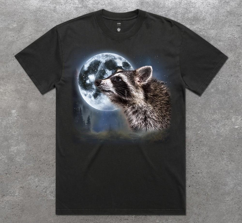 

Racoon Howling At The Moon Vintage Graphic Washed T-Shirt Tee Top Raccoon Funny 4XL