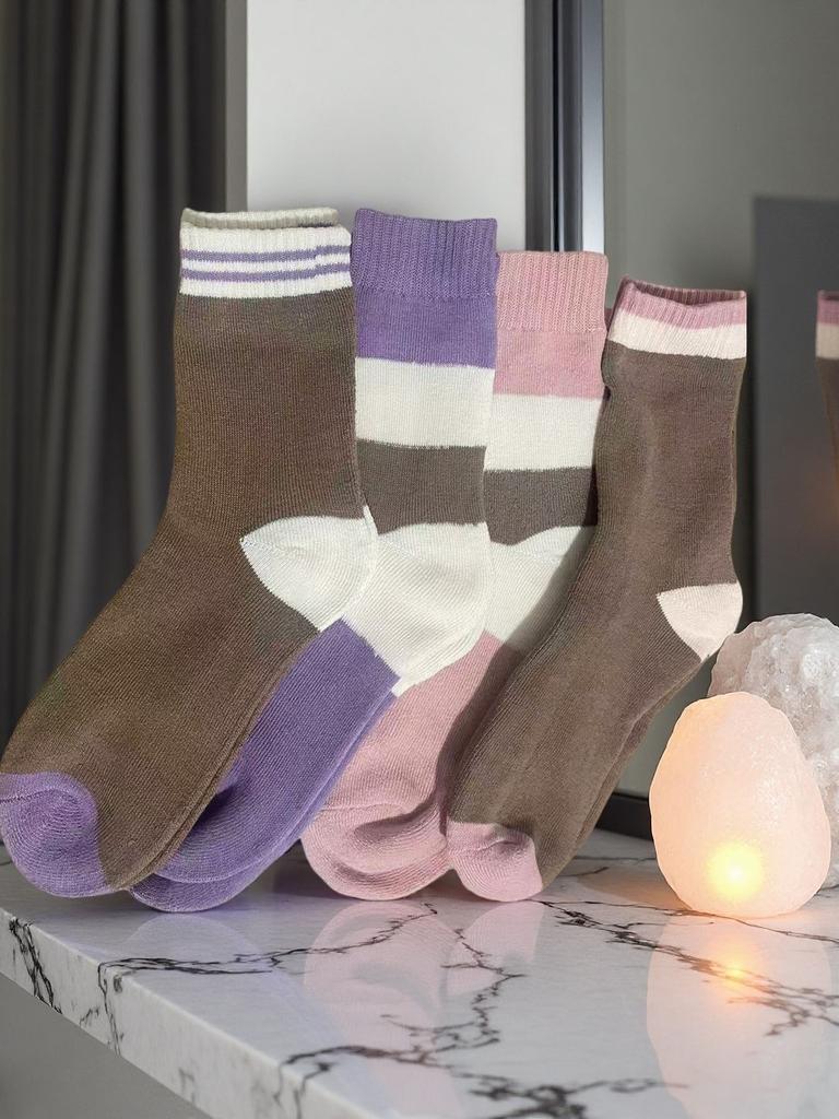 4 Pairs Women's Autumn Winter Mid-Length Socks Fashionable Versatile Purple Heart-Shaped Soft Warm Comfortable Casual Long Socks